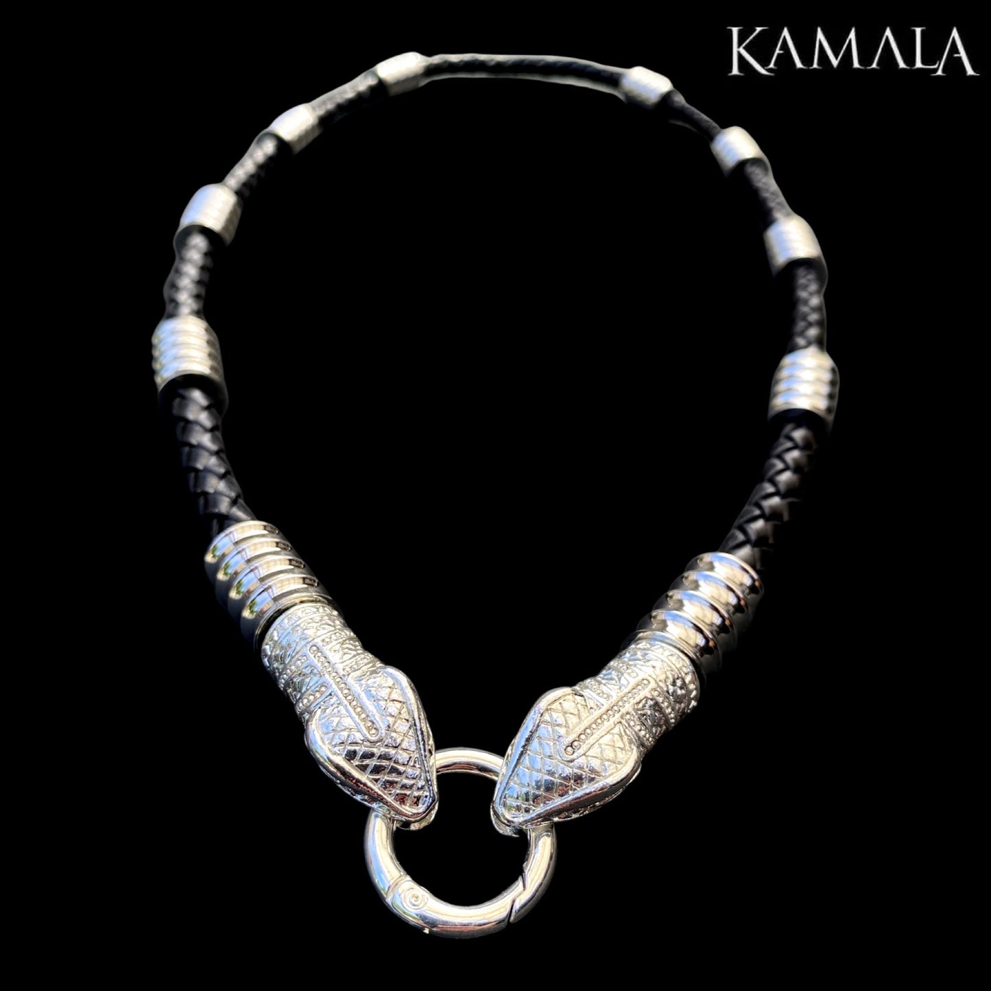 Schwarze Leder Halskette mit Silber & Schlange - Capone Silber Snake