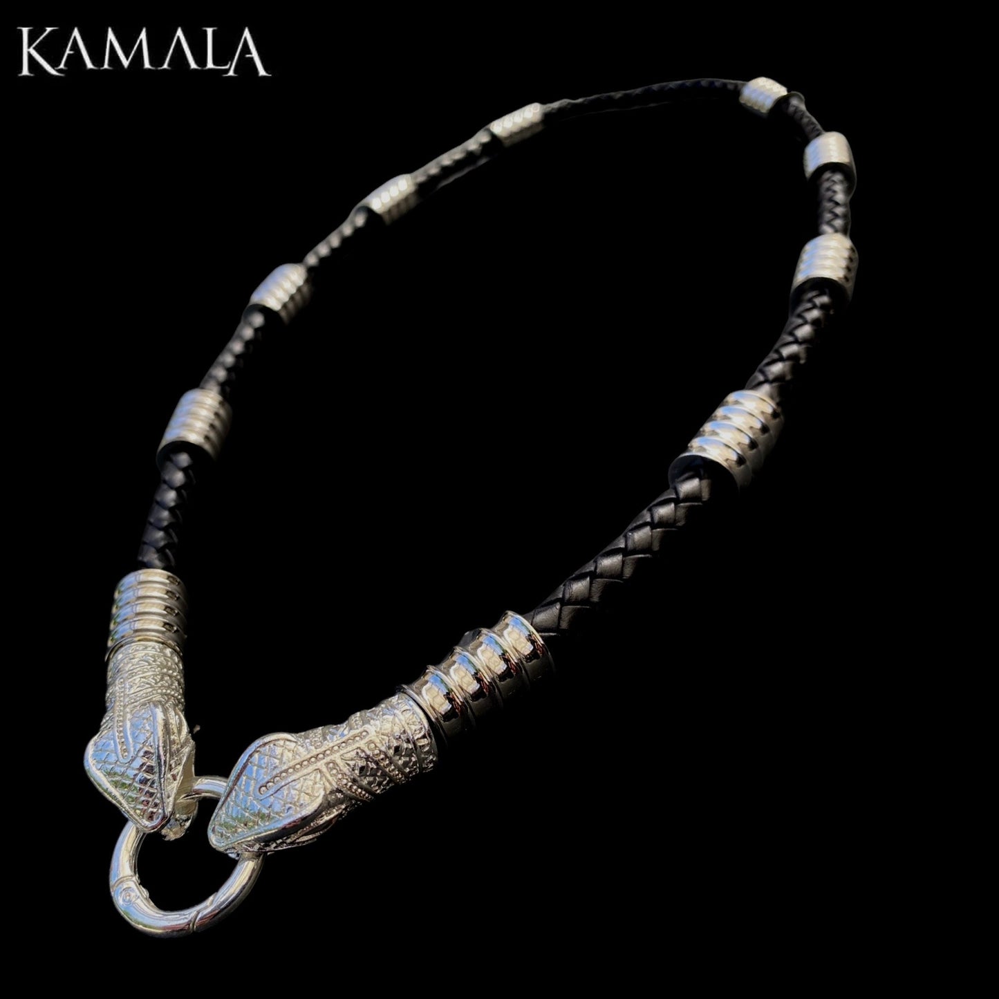 Schwarze Leder Halskette mit Silber & Schlange - Capone Silber Snake