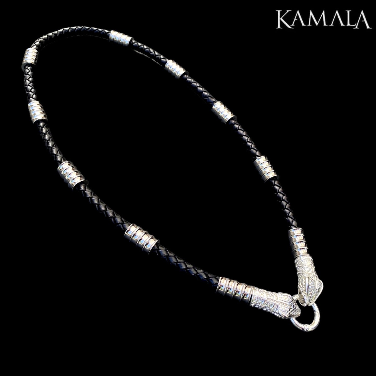 Schwarze Leder Halskette mit Silber & Schlange - Capone Silber Snake