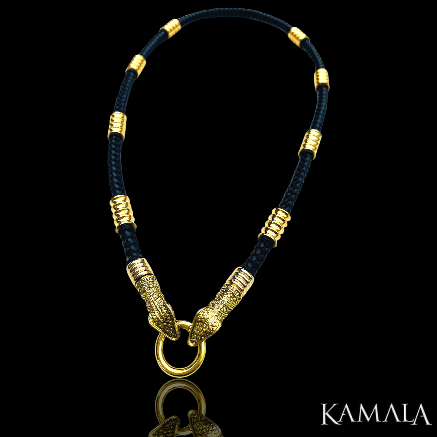Schwarze Leder Halskette mit Gold & Schlangen - Capone Snake