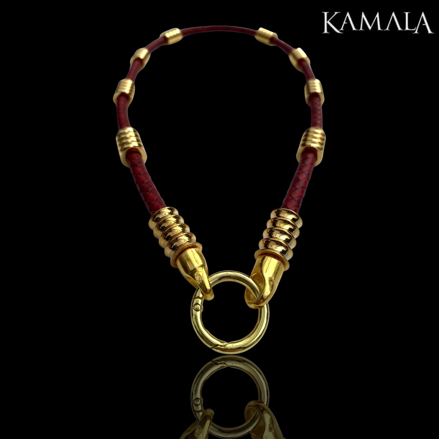 Dunkelrote Leder Rocker Halskette mit Gold - Gotti Gold