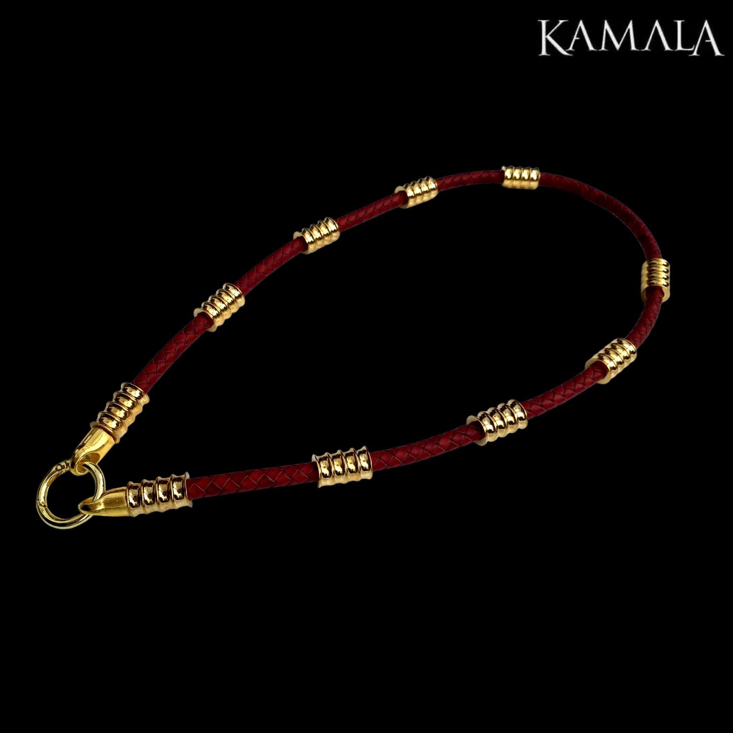 Dunkelrote Leder Rocker Halskette mit Gold - Gotti Gold