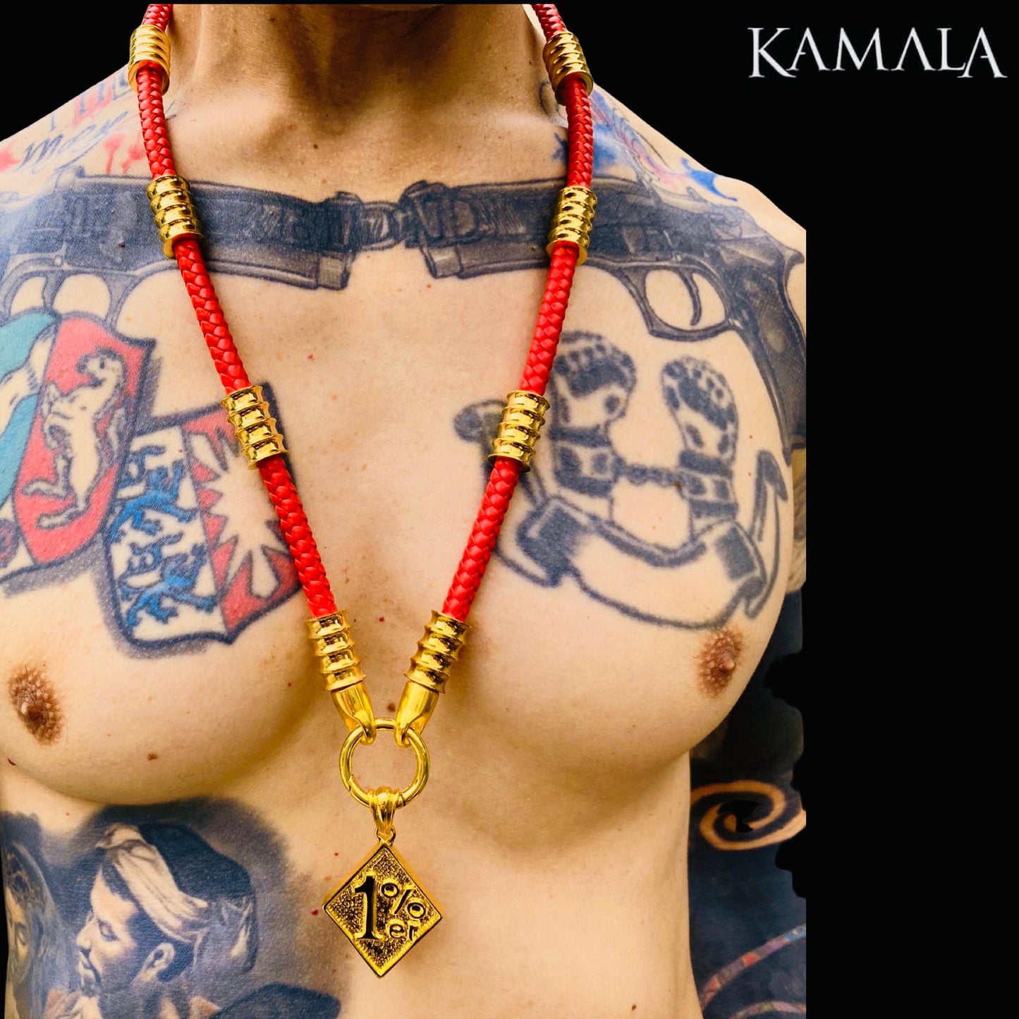 Rote Leder Halskette mit Gold - Gotti Gold
