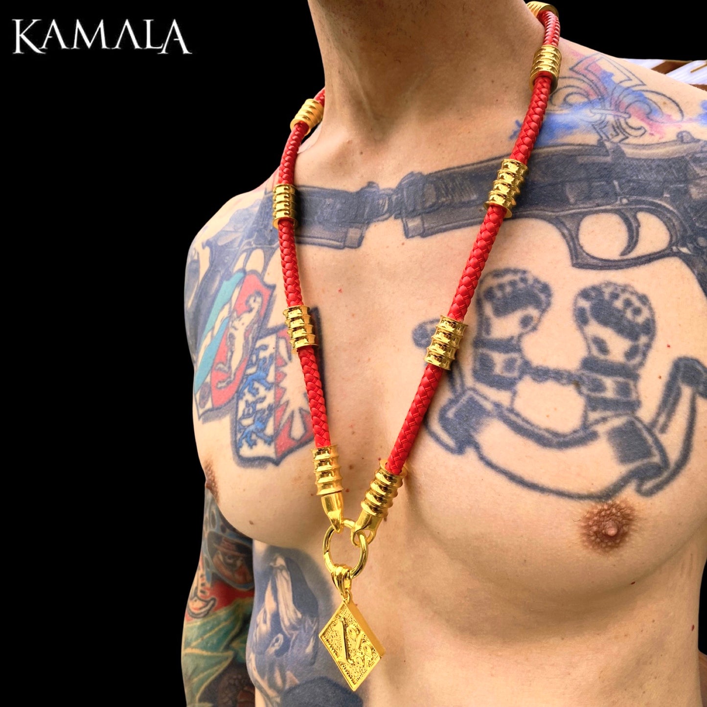 Rote Leder Halskette mit Gold - Gotti Gold
