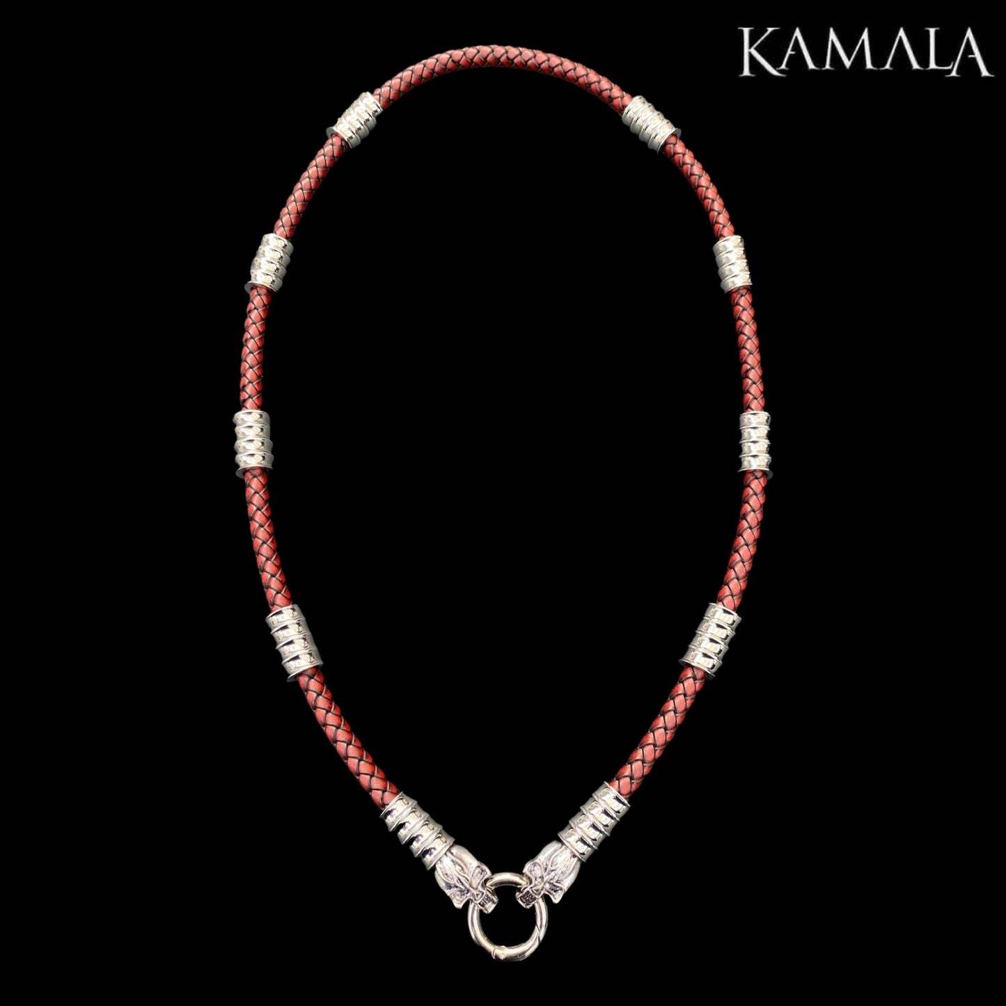 Dunkel Rote Leder Halskette mit Silber & Skulls - Gotti Silber Skulls