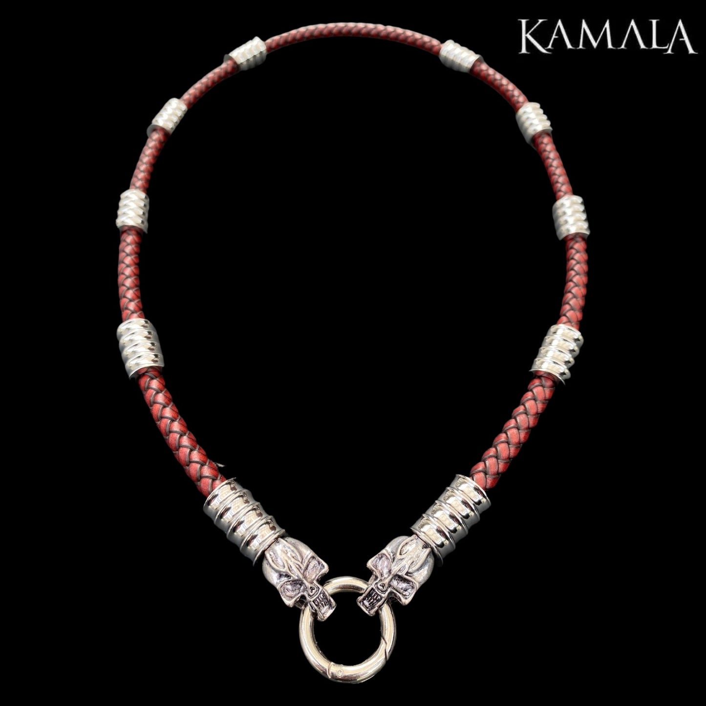 Dunkel Rote Leder Halskette mit Silber & Skulls - Gotti Silber Skulls