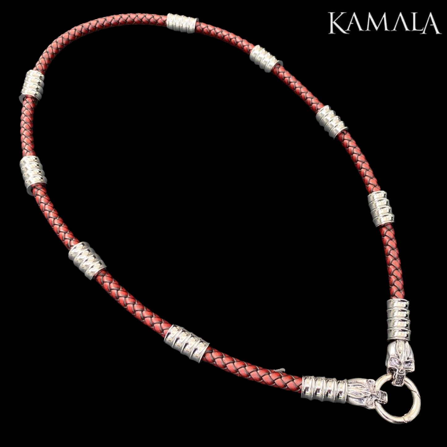 Dunkel Rote Leder Halskette mit Silber & Skulls - Gotti Silber Skulls