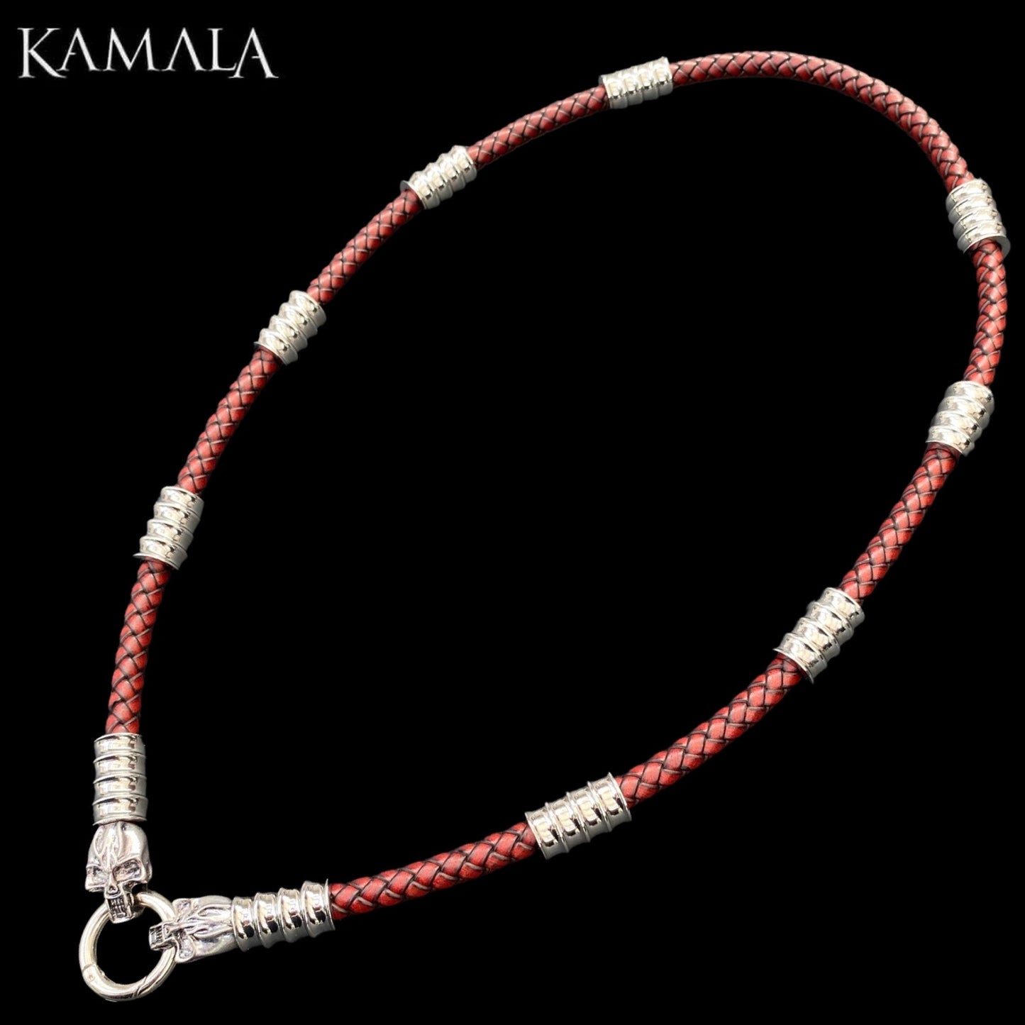 Dunkel Rote Leder Halskette mit Silber & Skulls - Gotti Silber Skulls