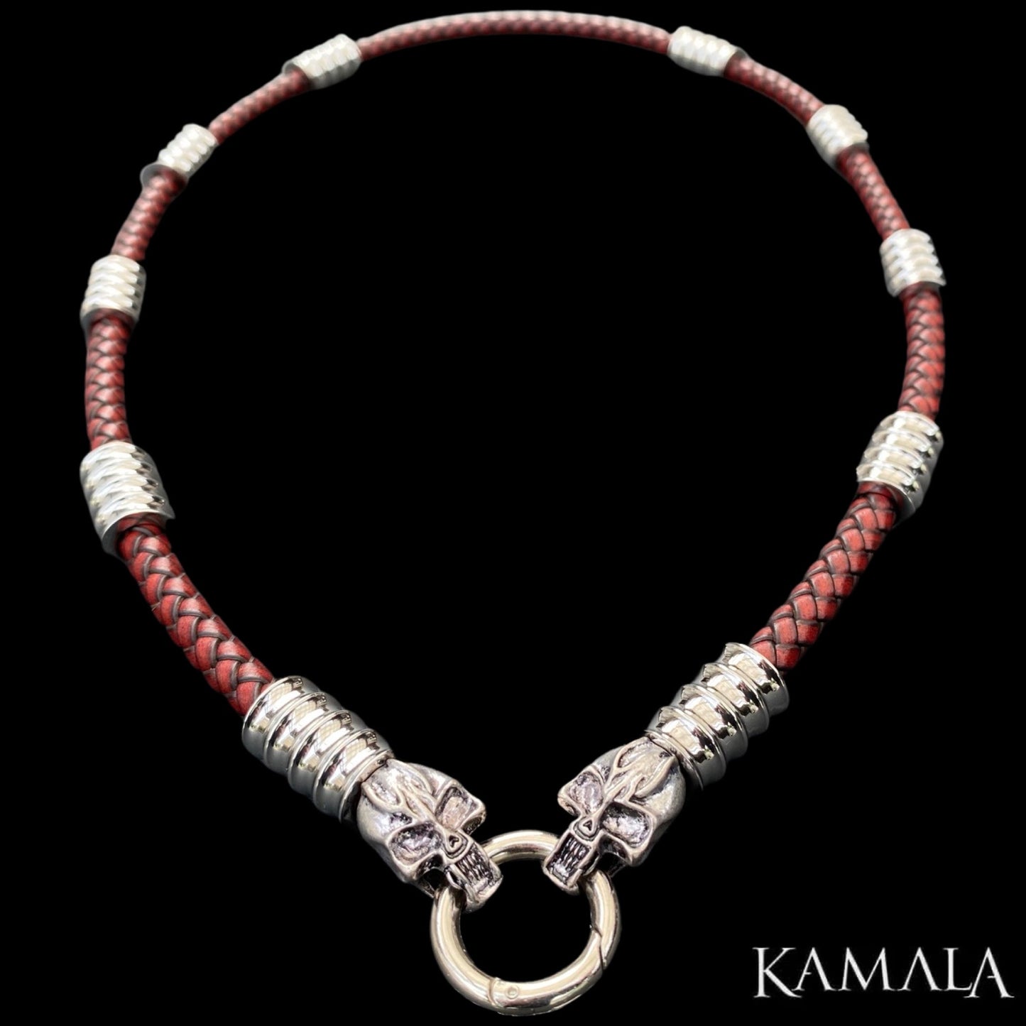 Dunkel Rote Leder Halskette mit Silber & Skulls - Gotti Silber Skulls