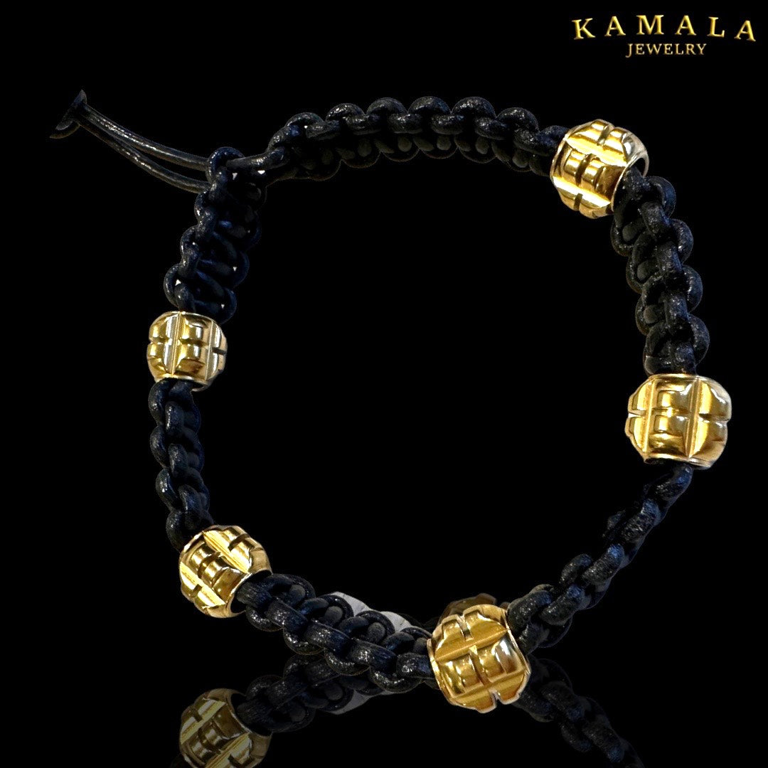 Panzer Armband - Schwarzes Leder mit Gold