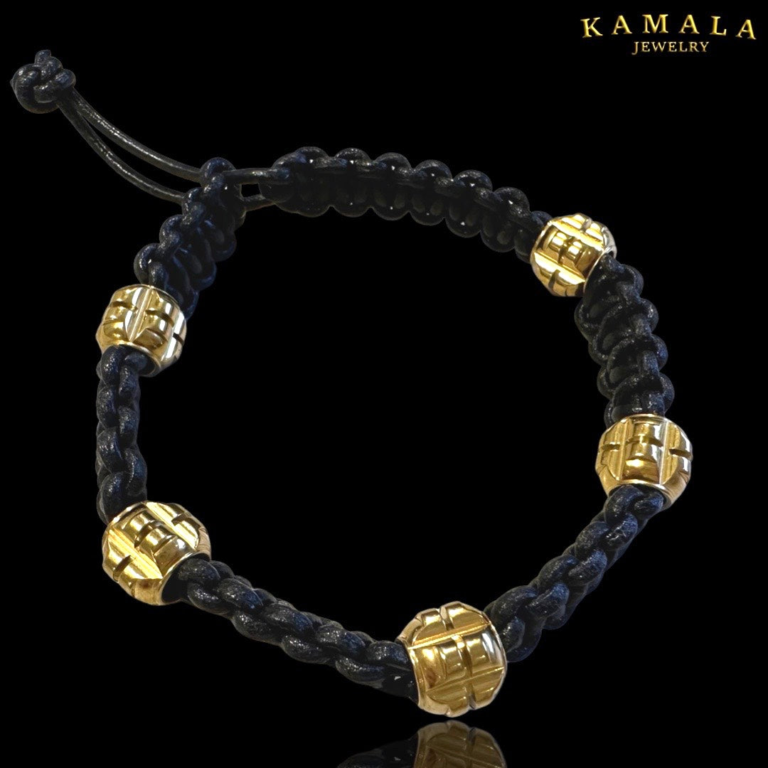 Panzer Armband - Schwarzes Leder mit Gold