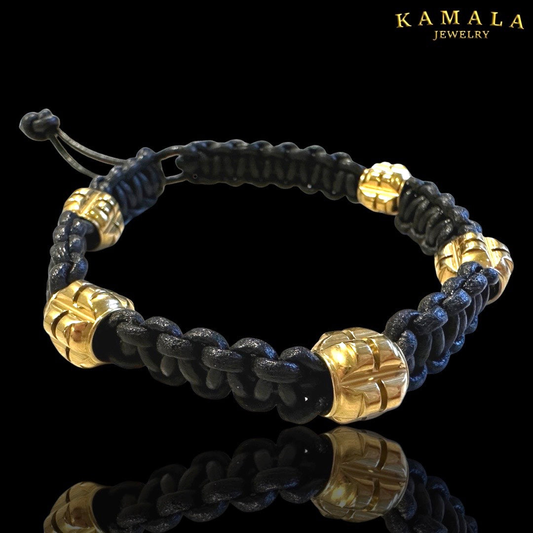 Panzer Armband - Schwarzes Leder mit Gold