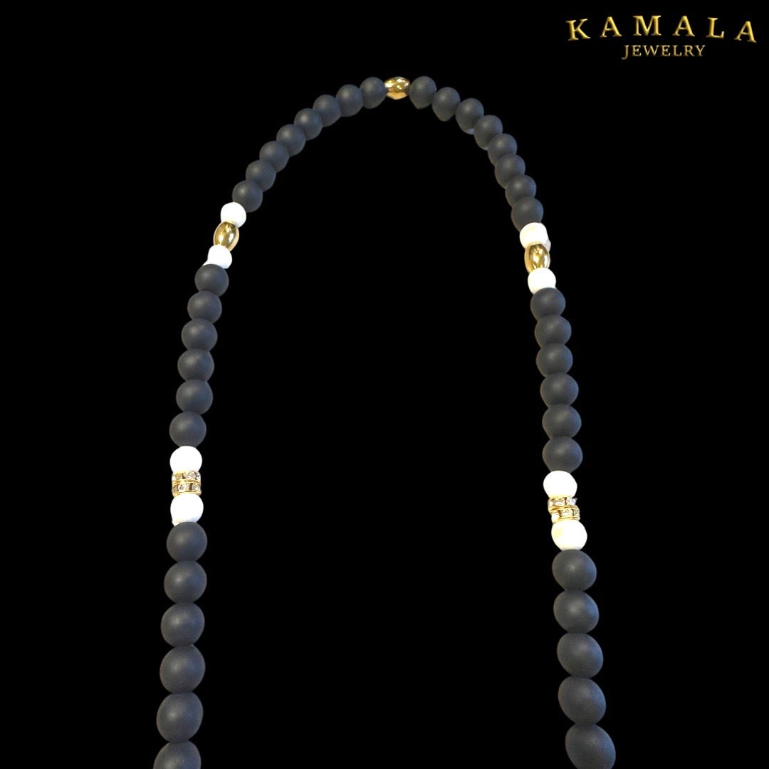 Perlenkette - Obsidian mit Weisser Jade & Gold