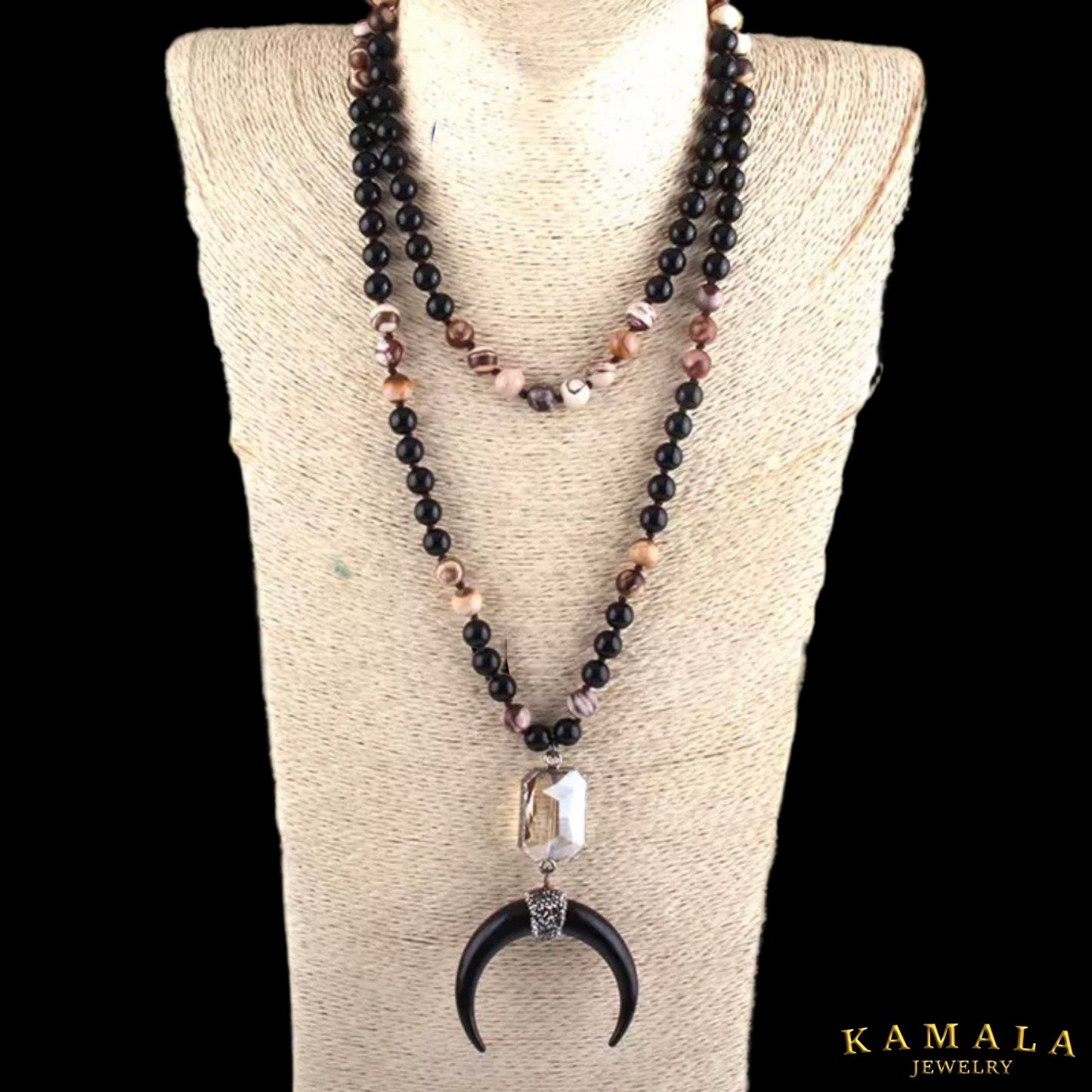 Perlenkette - Onyx & Tigerauge und Achat mit Halbmond
