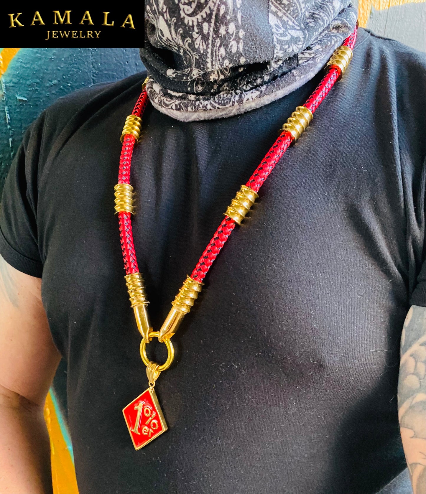 Rot & Schwarz Leder Kette - Mit Gold