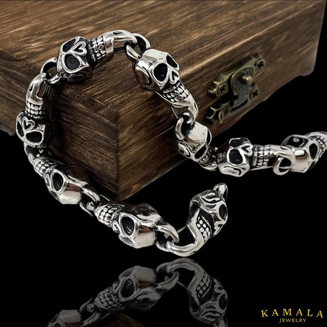 Edelstahl Armband mit Totenköpfe - Massiv