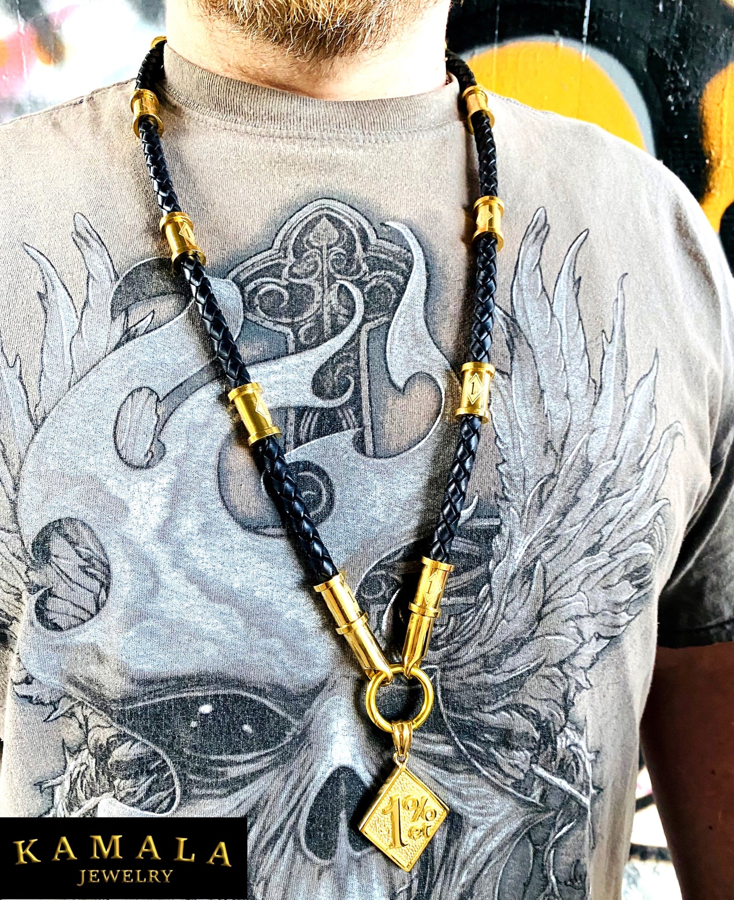 Exklusive 1%er Halskette - Schwarze Leder mit 1%er Hülsen- Gold