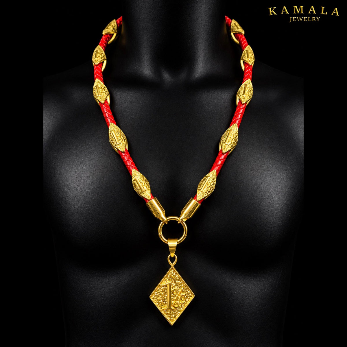 1%er Premium Lederhalskette – Rot & Gold | 24K Vergoldet
