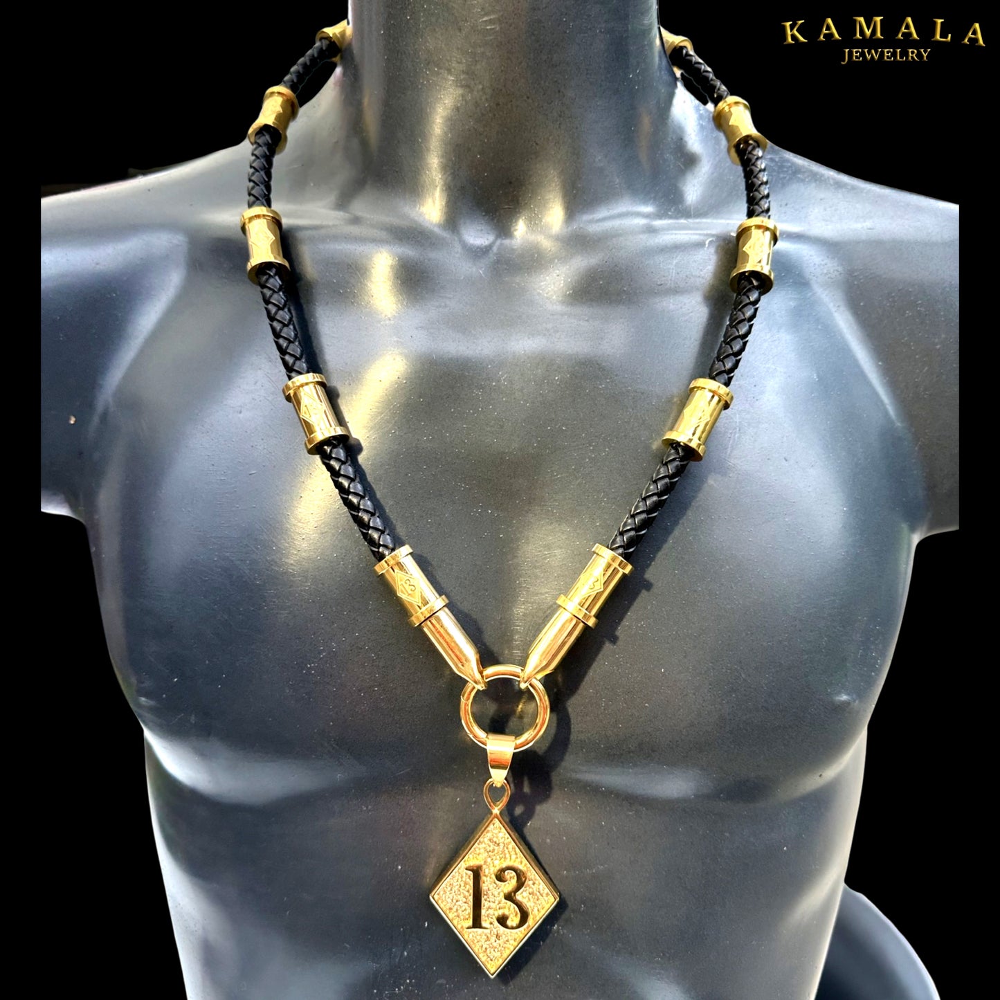 13 Exklusive Leder Halskette - Schwarz & Gold