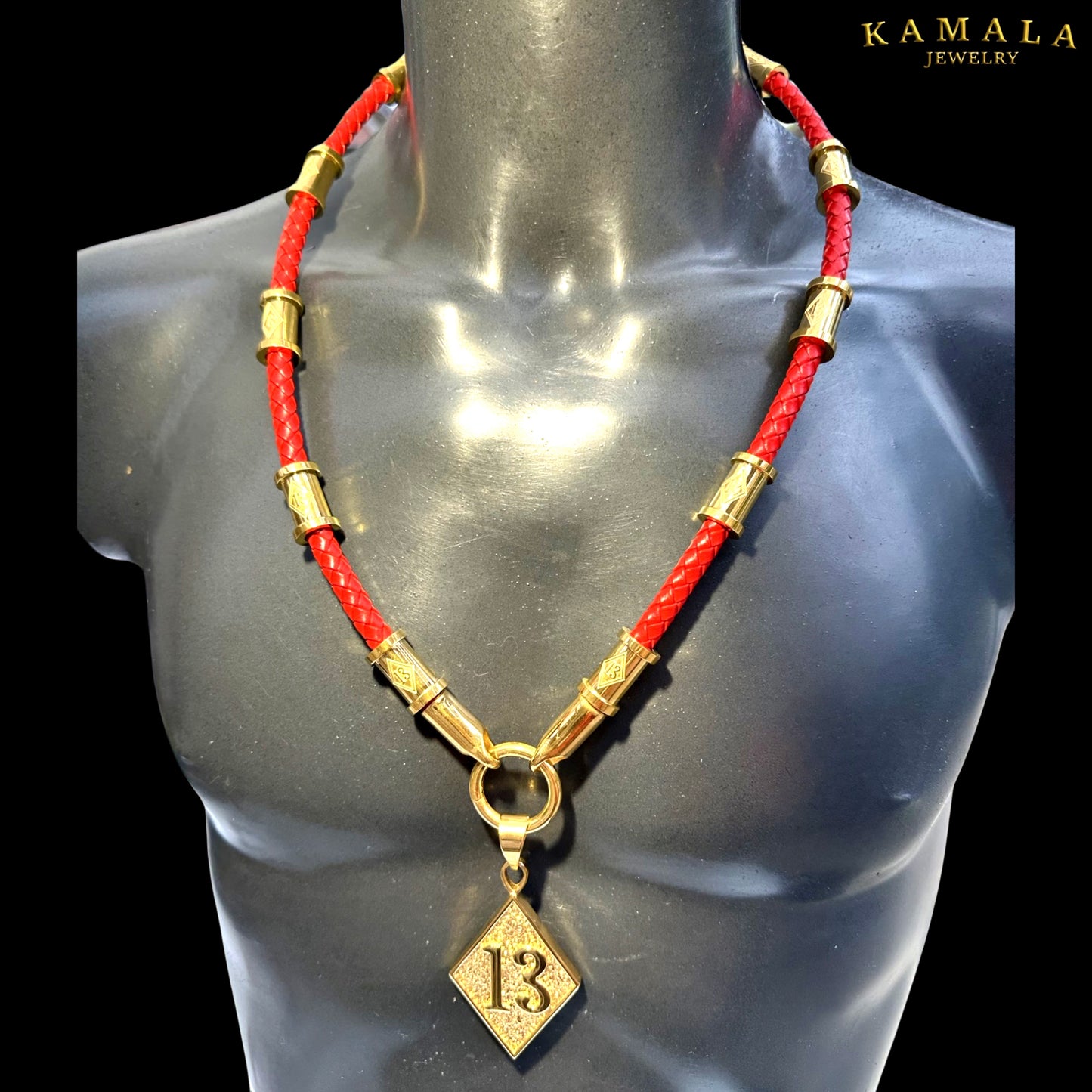 13 Exklusive Halskette - Rote Leder & Gold
