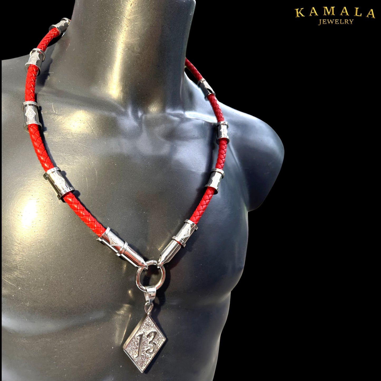 13 Exklusive Leder Halskette - Rot & Silber