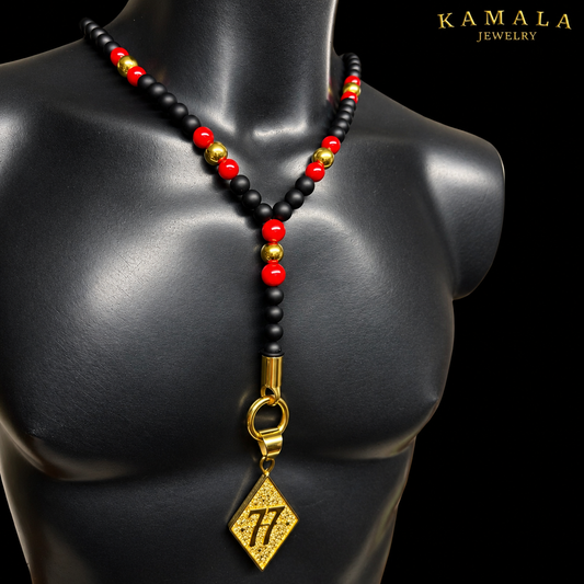 Y Halskette - Schwarz Onyx mit Rot & Gold