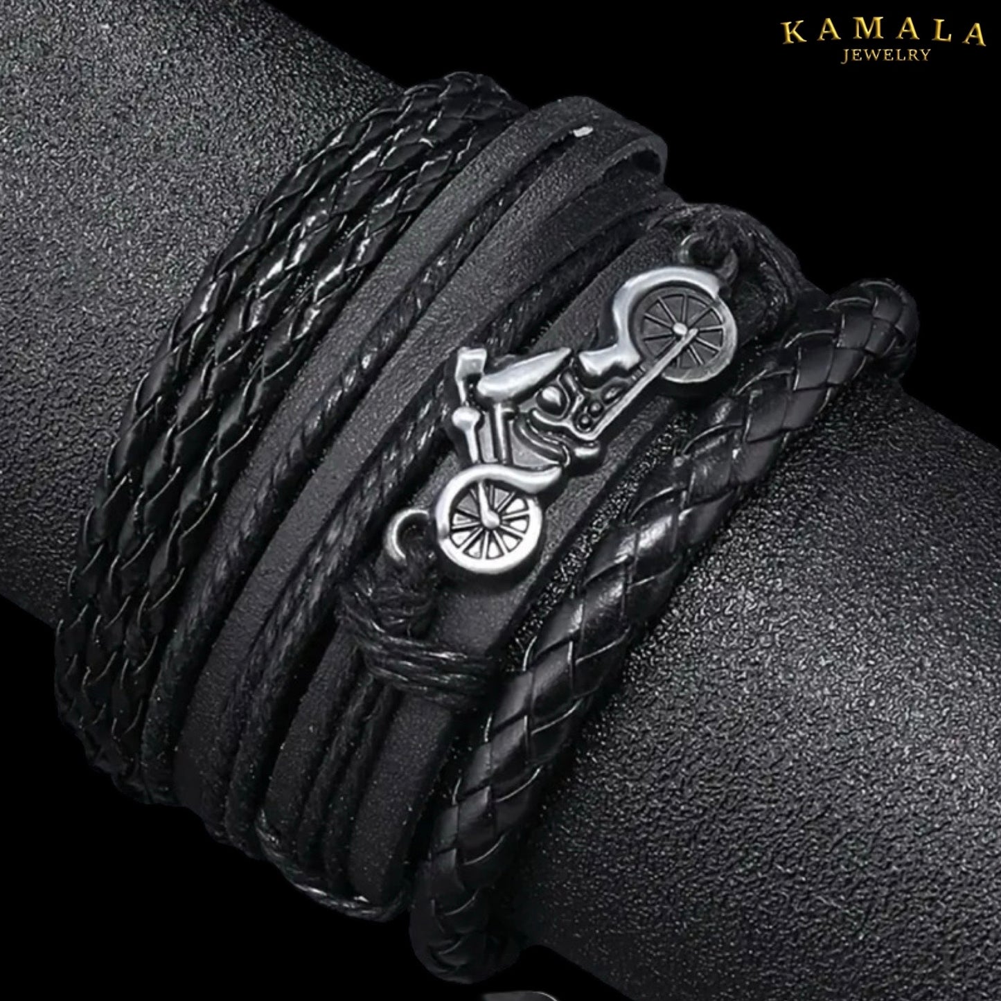 Armband - Schwarzes Lederarmband mit Motorrad