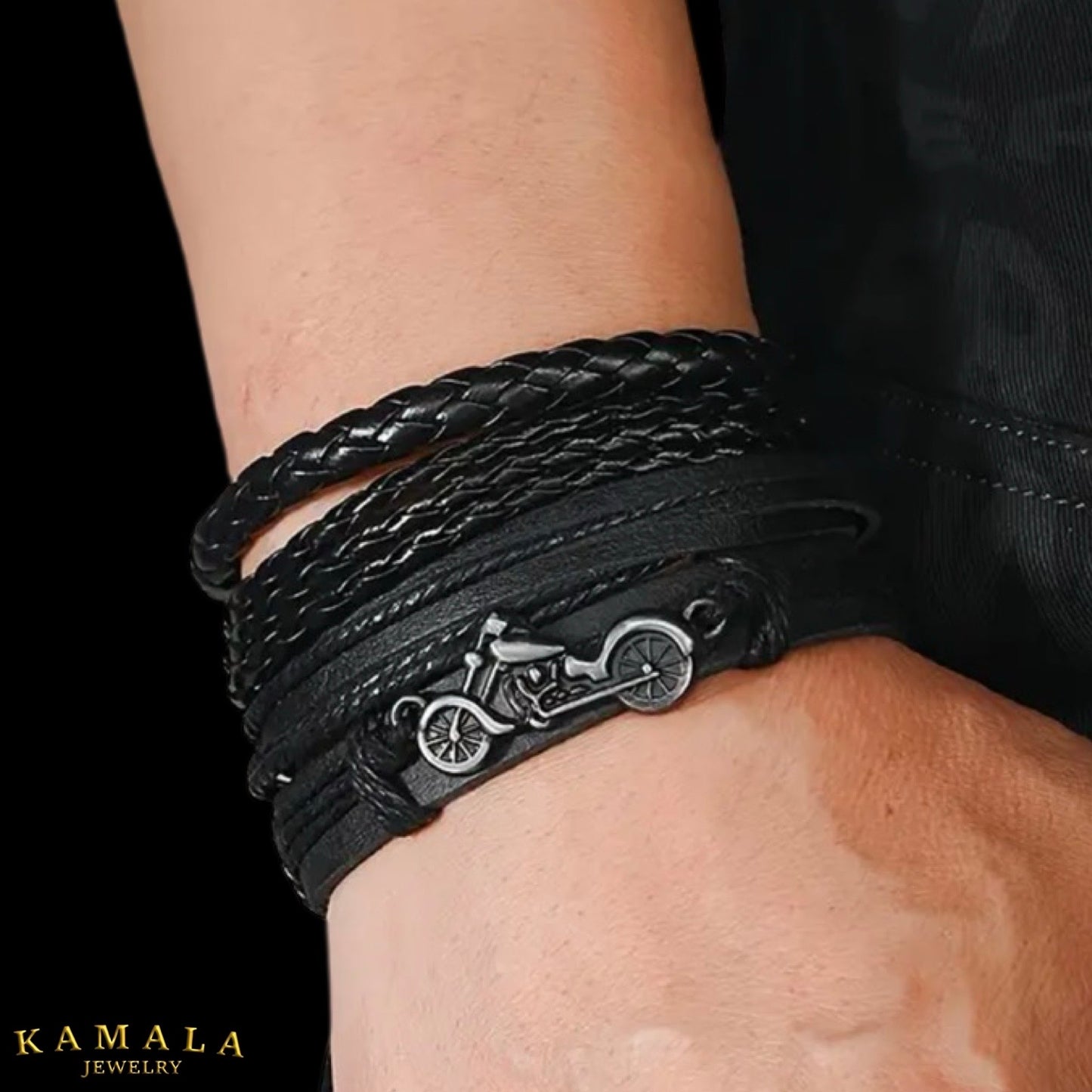 Armband - Schwarzes Lederarmband mit Motorrad