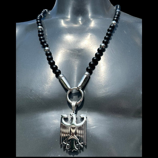 Halskette mit echten schwarzen Onyx-Steinen und Deutscher Adler Anhänger - Set