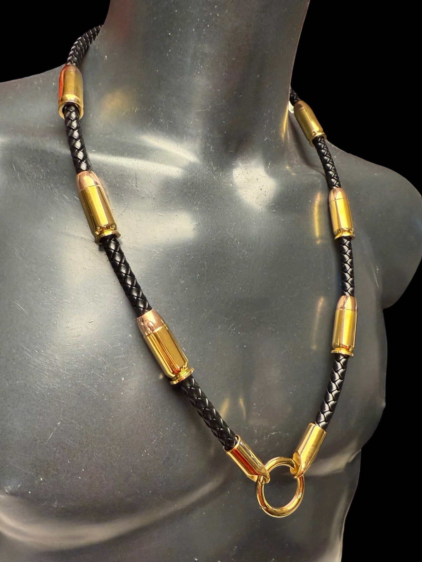 Exklusive Schwarze Leder Halskette - Mit Patronen - Gold & Roségold