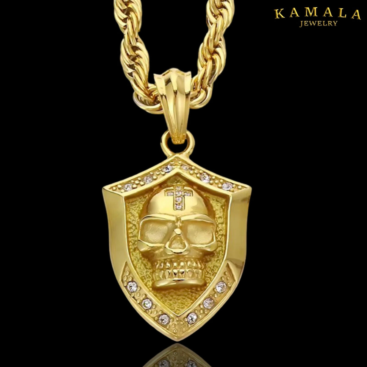 Premium Skull Shield Gold – Totenkopf Halskette aus Edelstahl