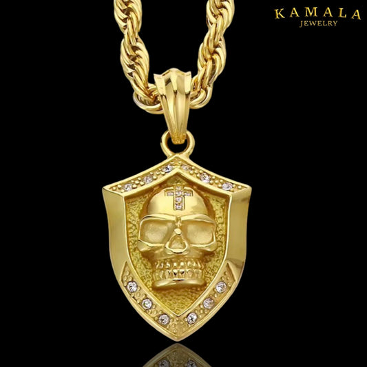 Premium Skull Shield Gold – Totenkopf Halskette aus Edelstahl