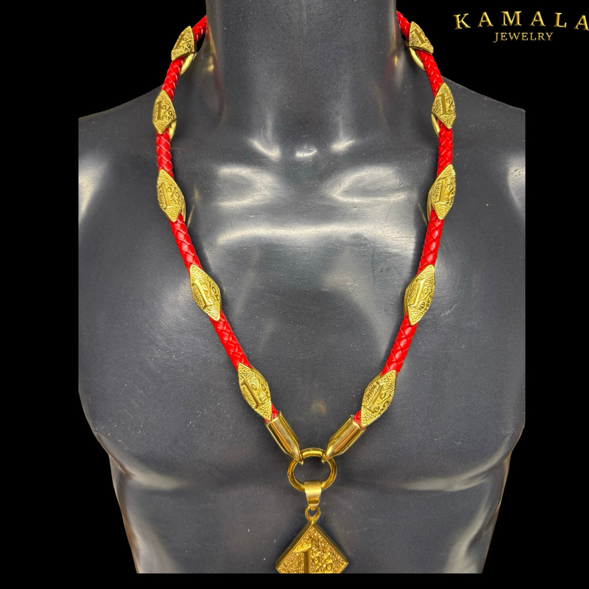1%er Premium Lederhalskette – Rot & Gold | 24K Vergoldet