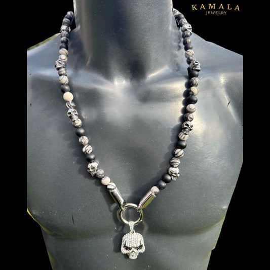 Omerta Halskette - Zebra Jaspis & Silber mit Skulls