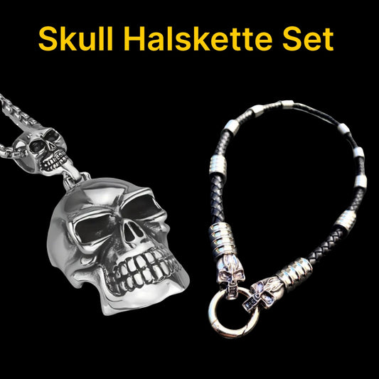 Skull Biker Set Lederhalskette & Totenkopf Anhänger