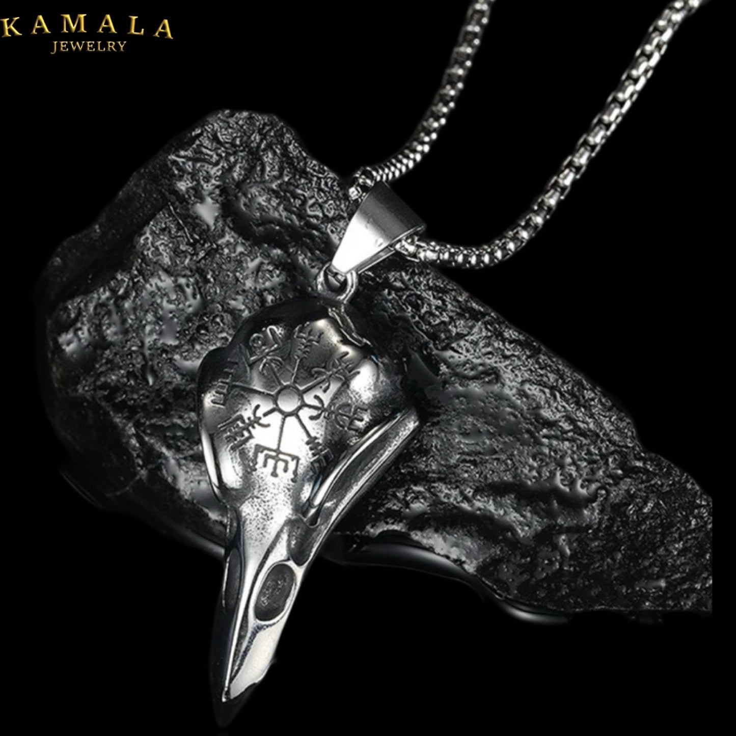 Nordic Anhaenger - Raven Skull mit Kompass - Edelstahl