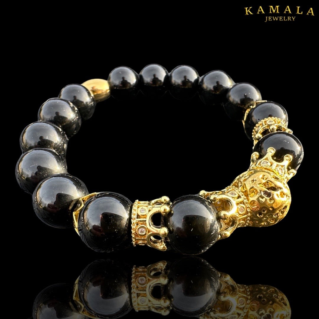 Omerta Armband - Onyx mit Gold und Kronen