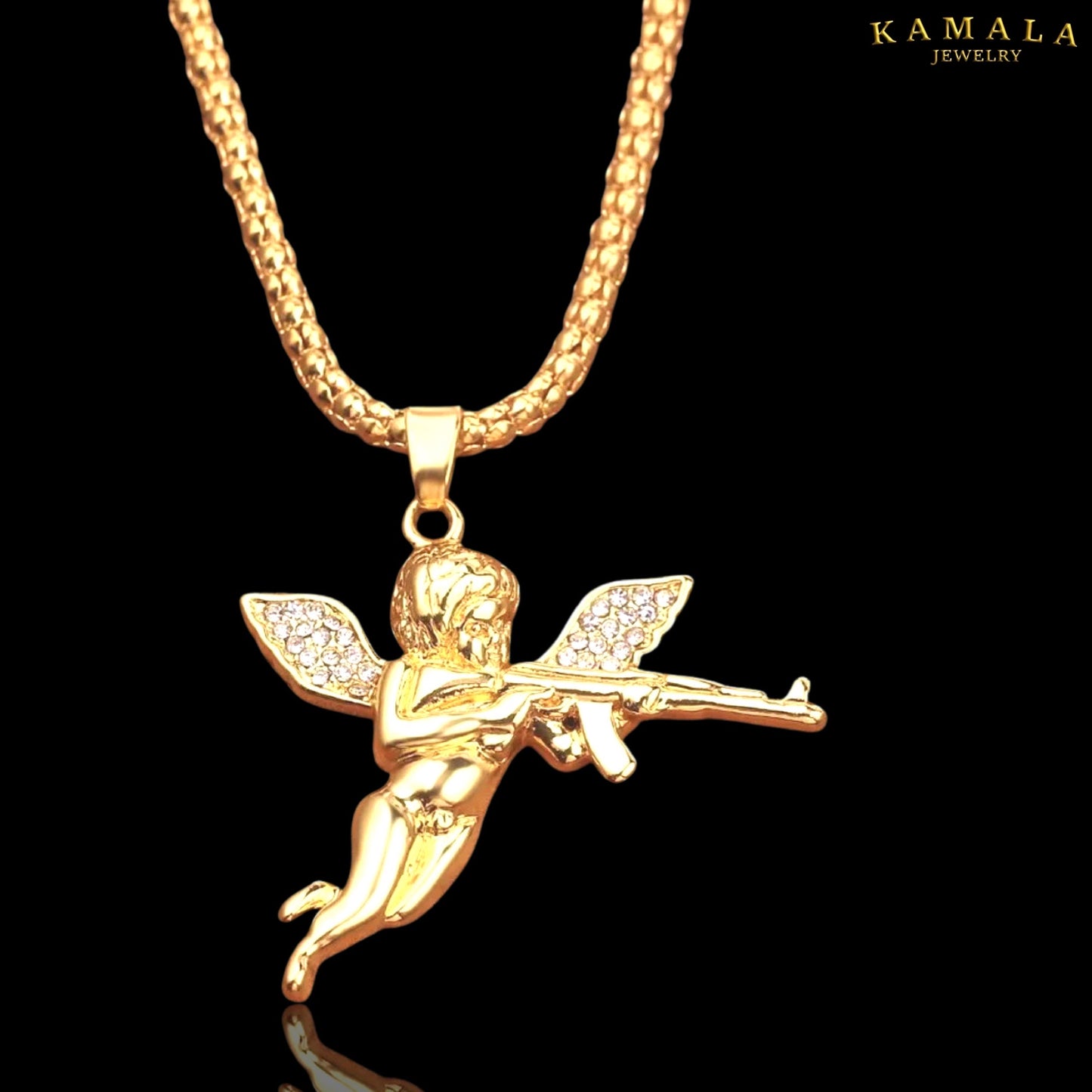 Engel mit AK47 Halskette - Gold & Rheinstones