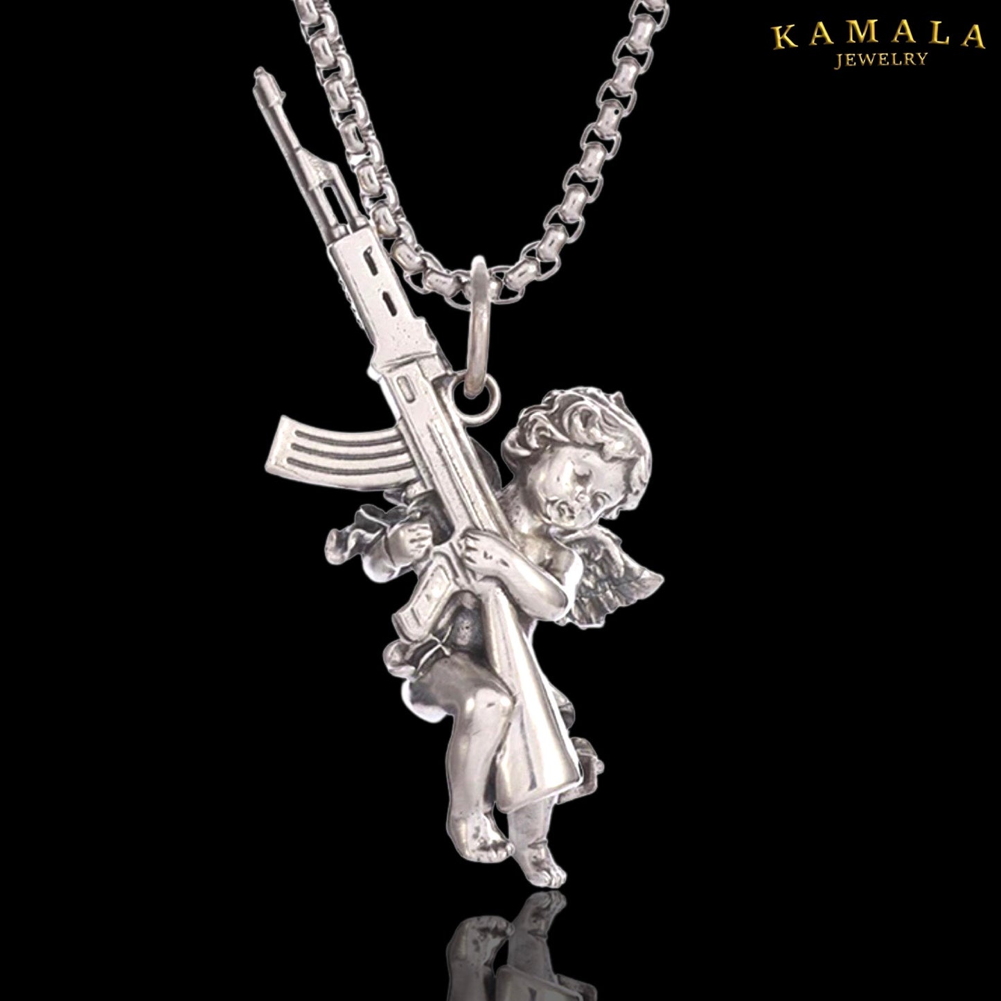 Halskette mit Engel mit Sturmgewähr - Silber