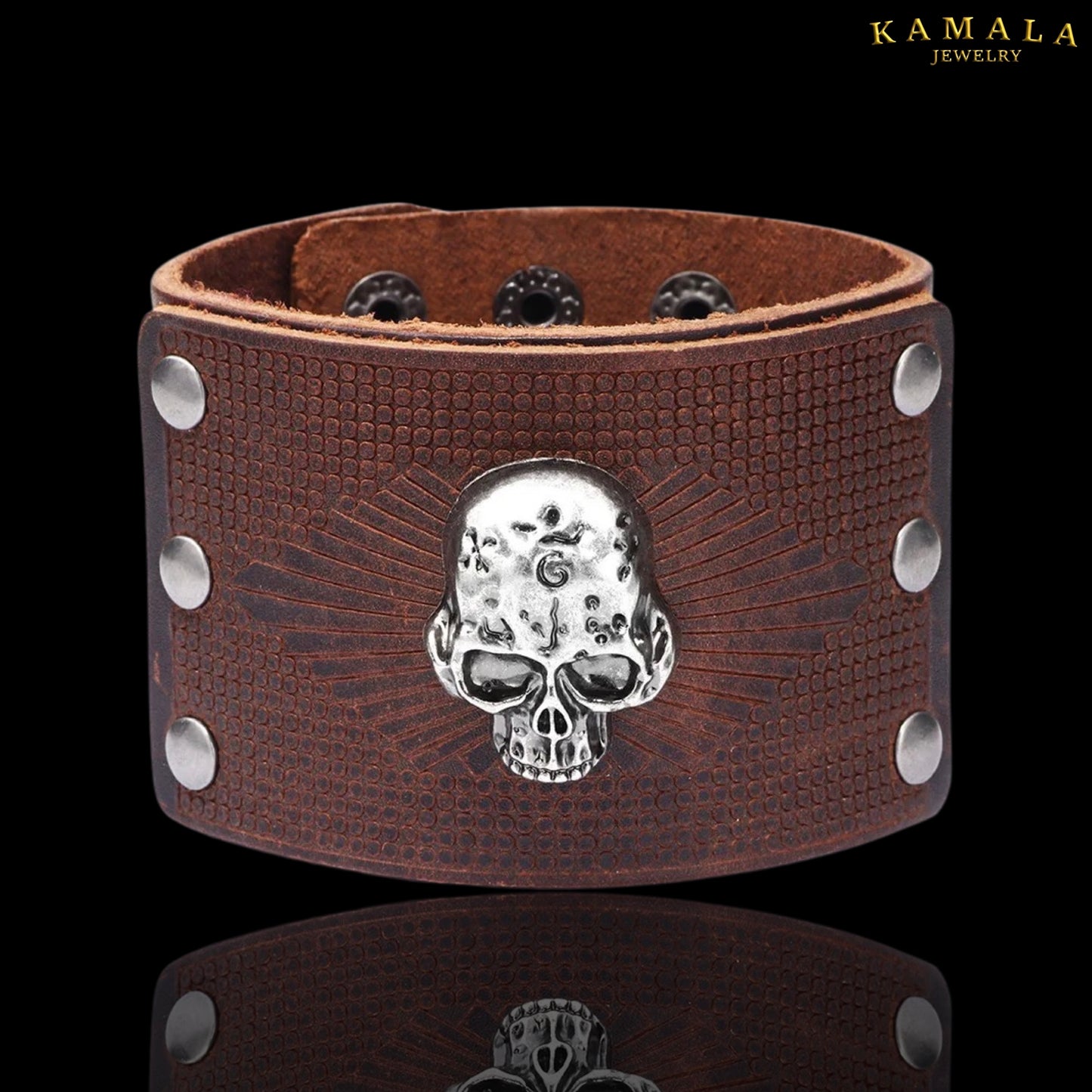 Breites Lederarmband mit Skull - Braun