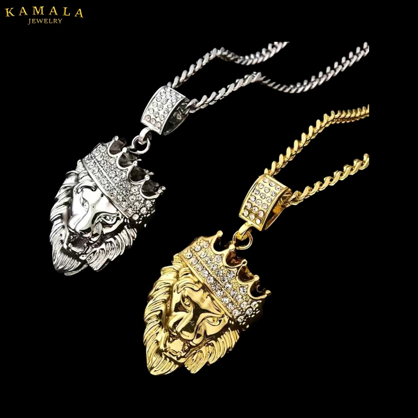 Halskette mit Löwenkopf & Krone - Gold Rheinstones