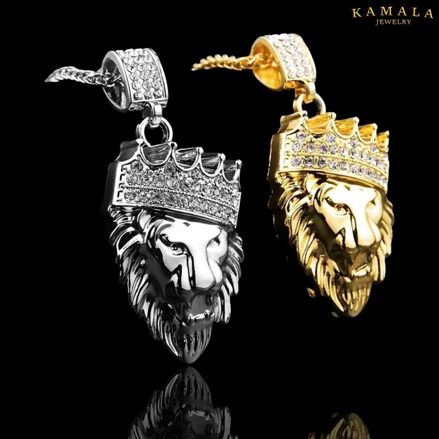 Halskette mit Löwenkopf & Krone - Silber mit Rheinstones