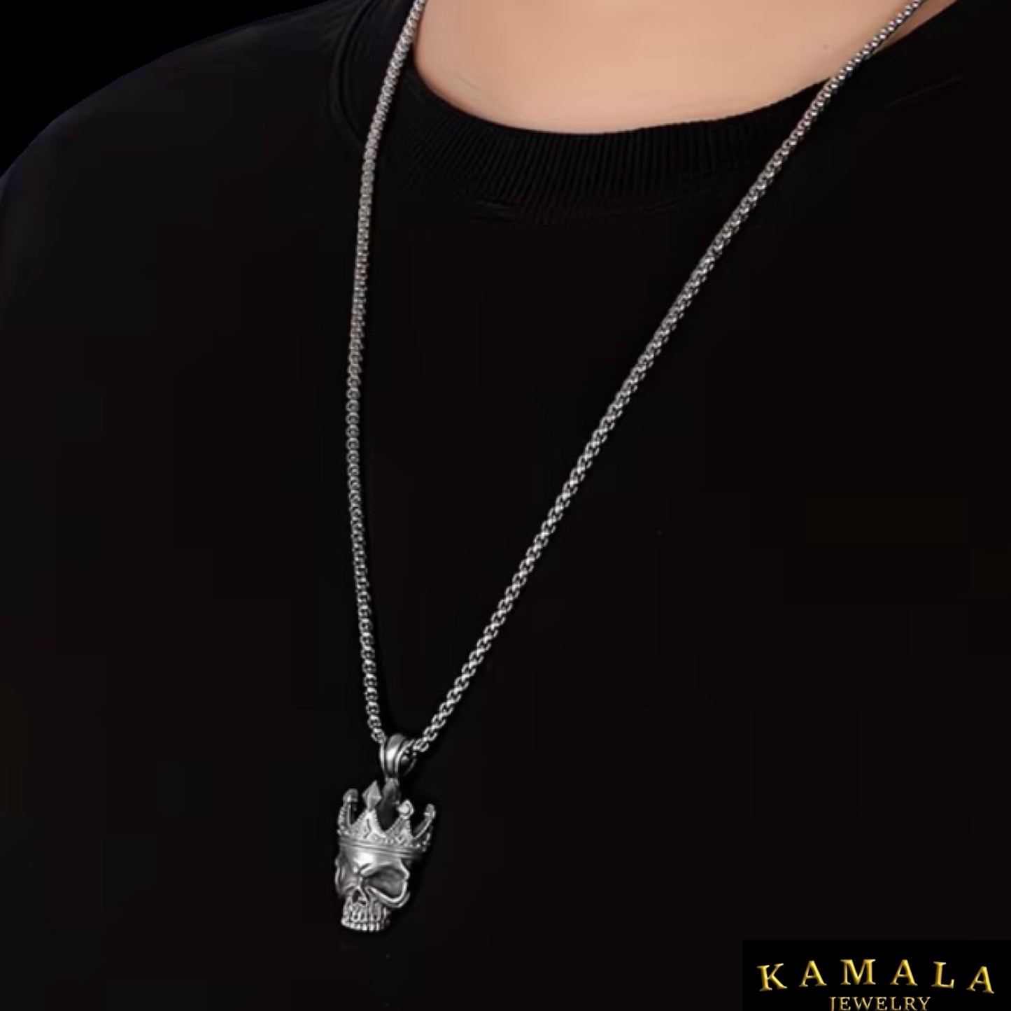 Crown Skull Halskette – Biker Totenkopf Kette aus Edelstahl für Männer (60 cm)