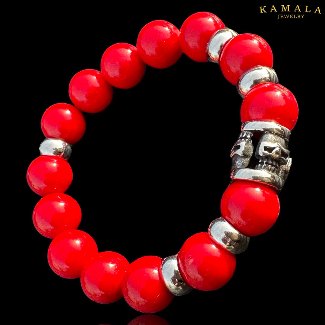 Omerta Armband - Roter Jade mit Skull und Silber