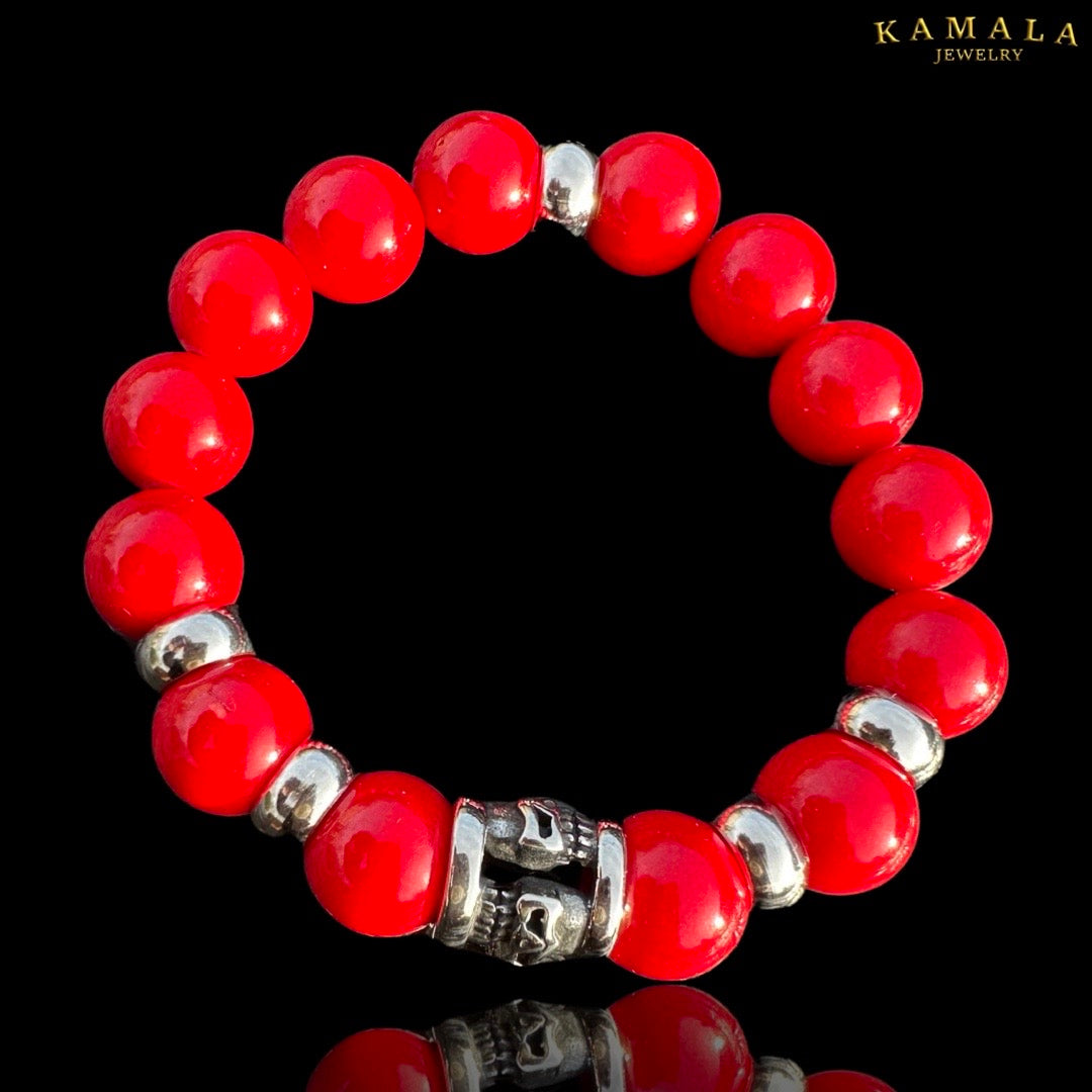 Omerta Armband - Roter Jade mit Skull und Silber
