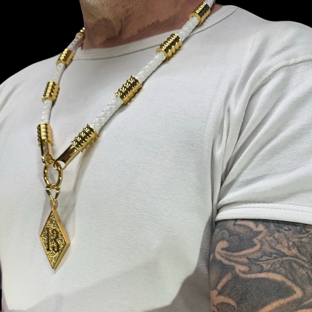 Weisse Leder Halskette mit Gold - Whitey Gold