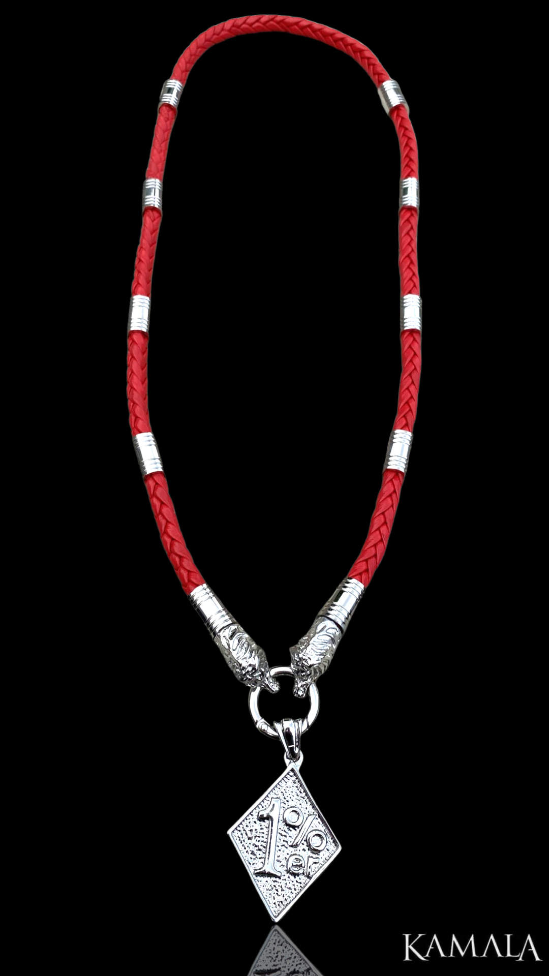 Rote Leder Halskette mit Edelstahl - Löwen Köpfe