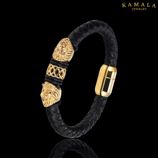 Armband - Leder mit Löwen - Schwarz mit Gold