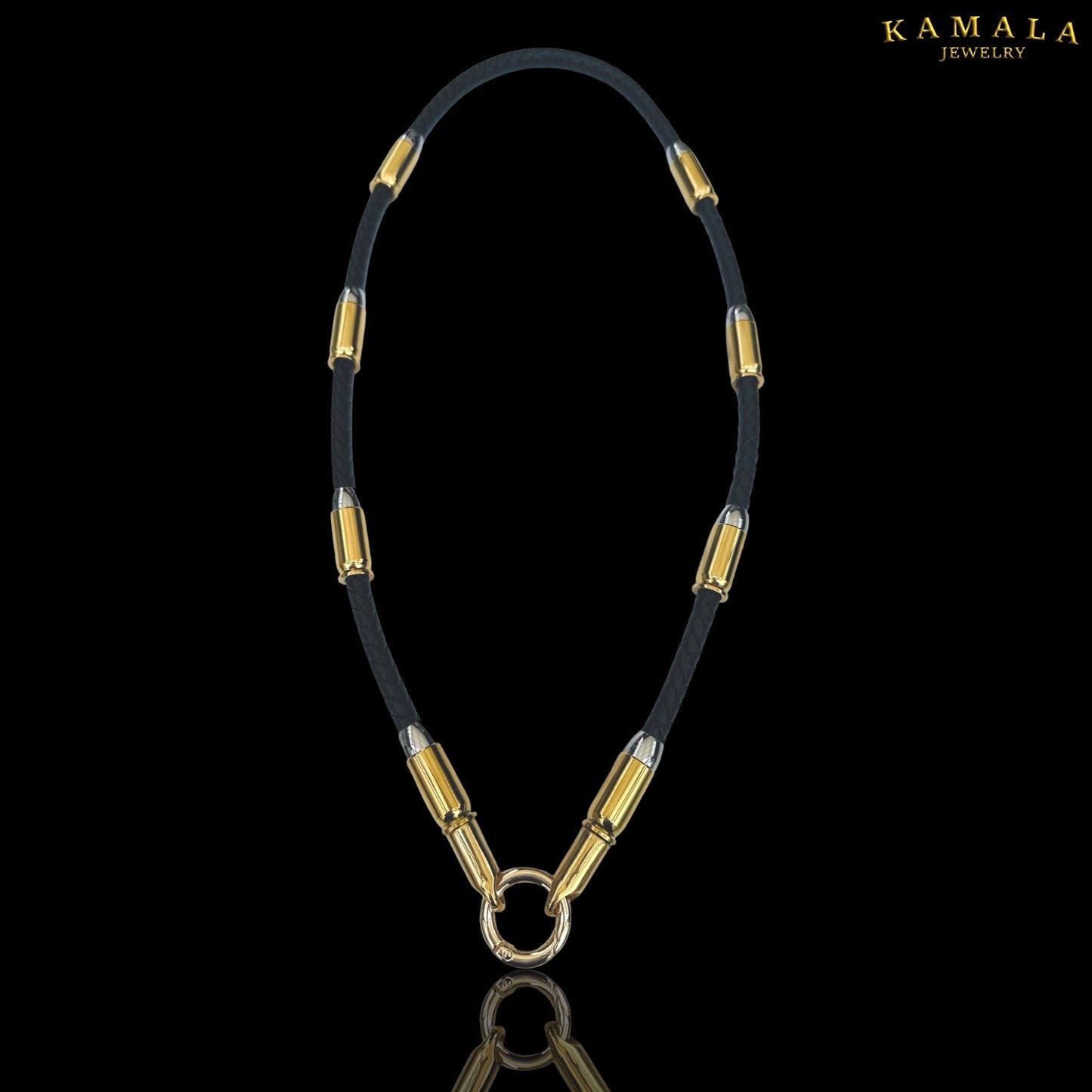 Exklusive Schwarze Leder Halskette mit Patronen - Gold