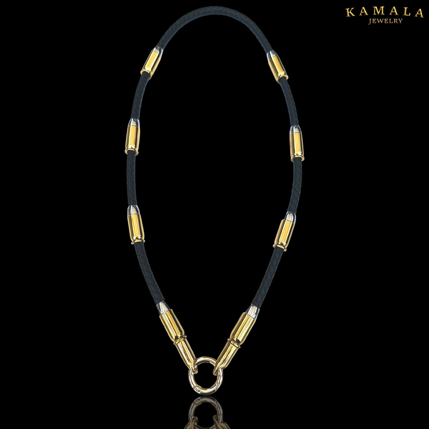 Exklusive Schwarze Leder Halskette mit Patronen - Gold